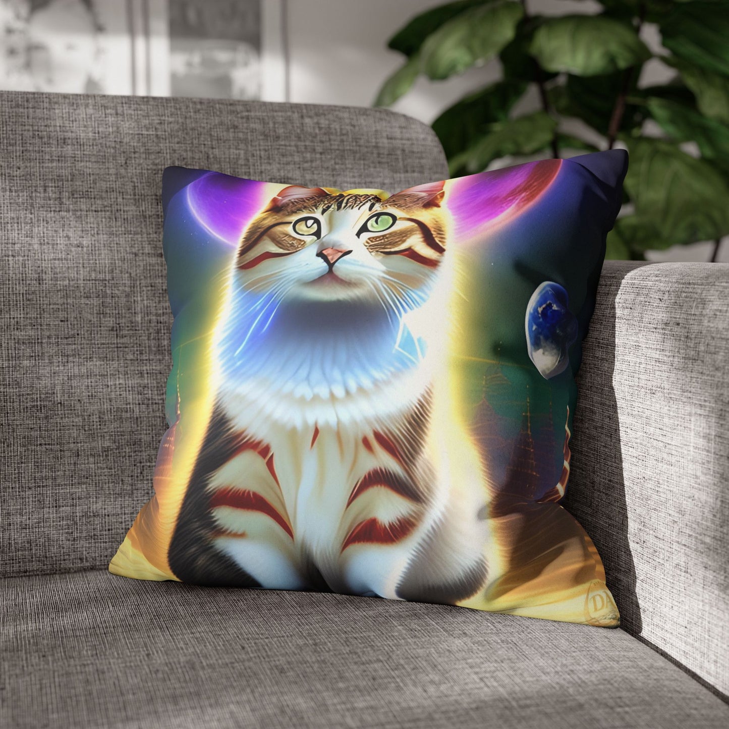 Divine Arts Faux Suede Double-Sided Square Pillow Case - Fantasy Galaxy Space Cat Lover Female Brown and White Tabby Cat with Heterochromia and a Bright Yellow & Purple Aura Spiritual Pillow Cover in Four Sizes