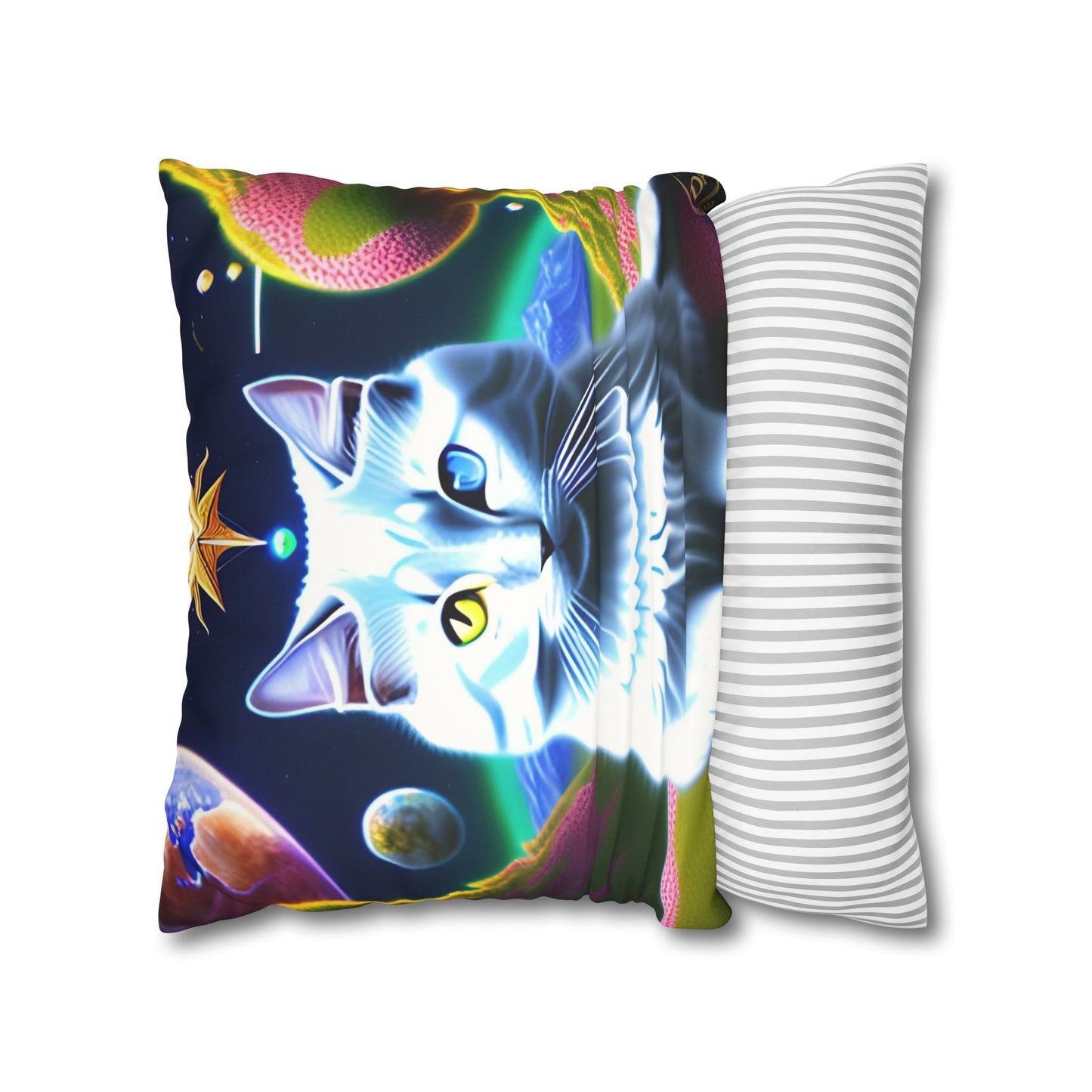 Divine Arts Faux Suede Double-Sided Square Pillow Case in Four Sizes - Fantasy Galaxy Space Cat Lover Portrait of White Female Cat With Yellow & Blie Heterochromia Eyes In Space Amidssr Blue & Pink Cosmic Swirls Meditating in Trance On A Golden Merkaba