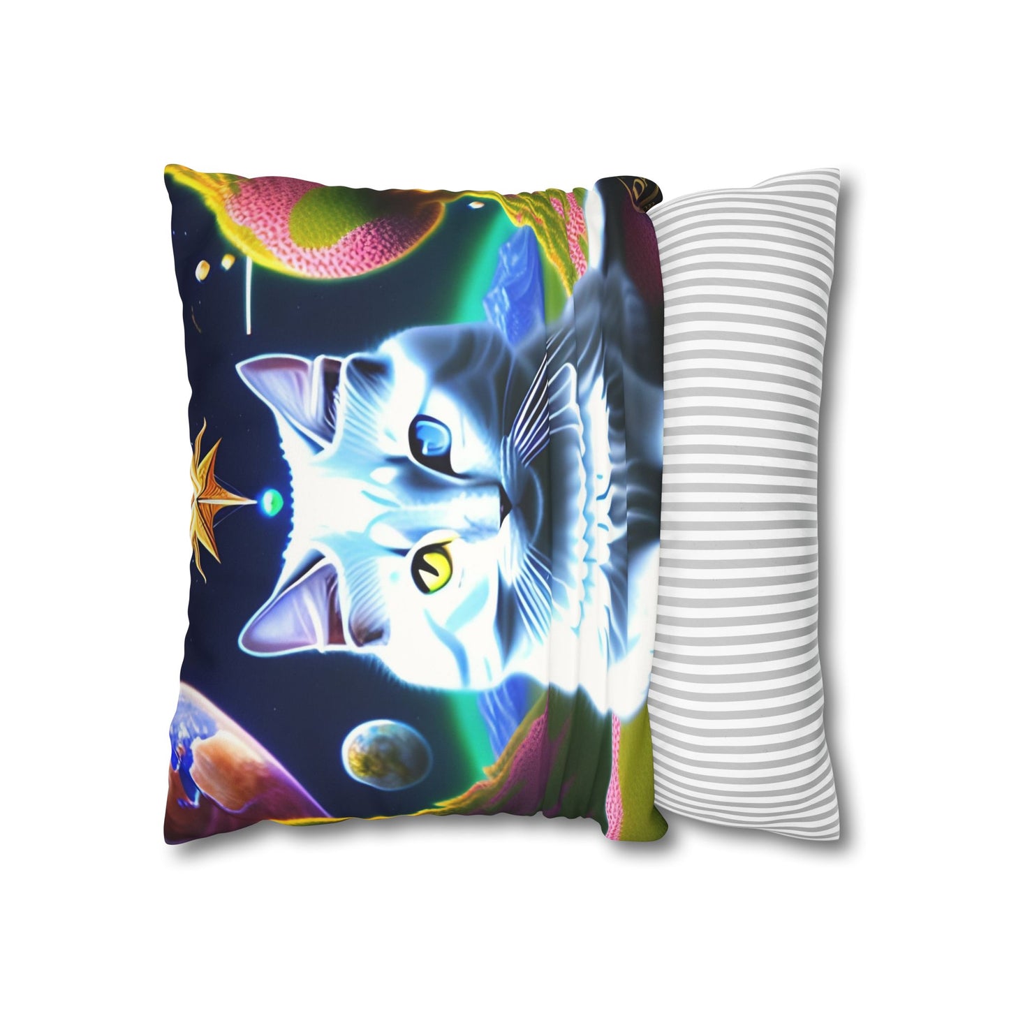 Divine Arts Faux Suede Double-Sided Square Pillow Case in Four Sizes - Fantasy Galaxy Space Cat Lover Portrait of White Female Cat With Yellow & Blie Heterochromia Eyes In Space Amidssr Blue & Pink Cosmic Swirls Meditating in Trance On A Golden Merkaba