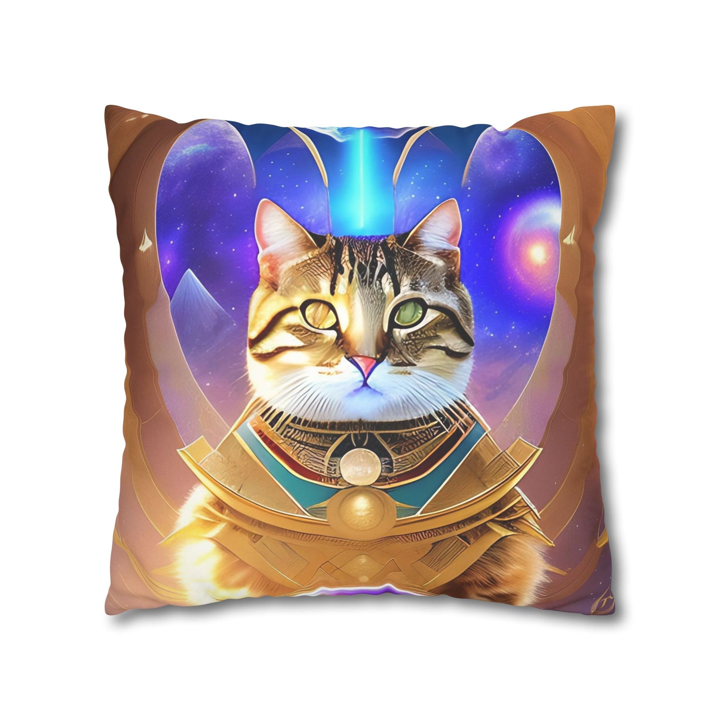 Divine Arts Faux Suede Double-Sided Square Pillow Case in Four Sizes - Fantasy Galaxy Space Cat Lover Male Brown Tabby Cat with Heterochromia in Ornate Golden Armor with Light Blue Hydroplasma Light Beam from Crown Chakra Merkaba Pillow Cover